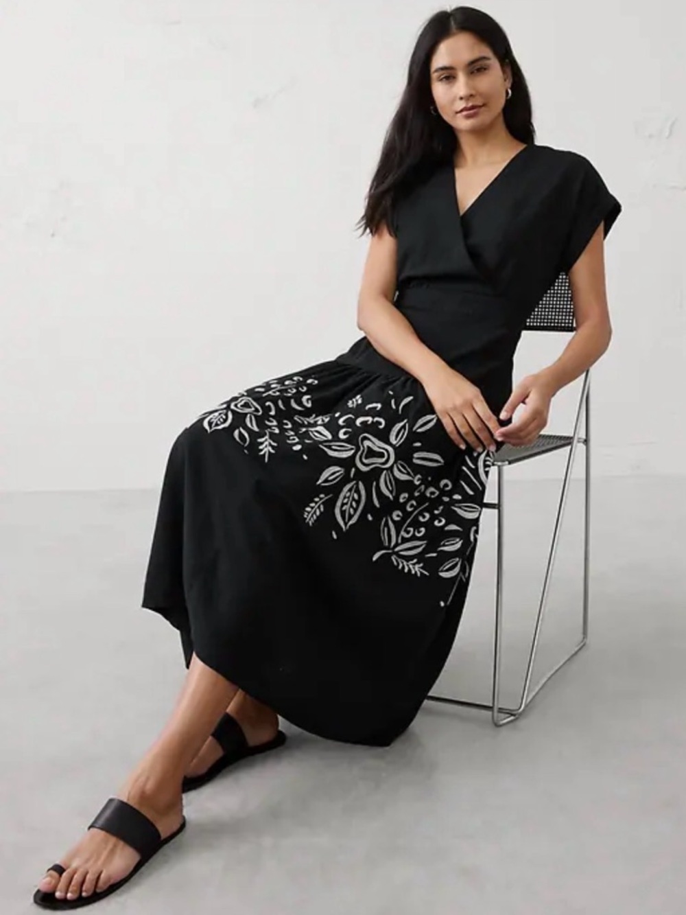 Banana Republic Black Midi Dress with White Floral Embroidery